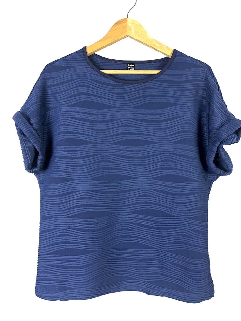 SHEIN Blue Textured Wave Pattern Short Cuffed Sleeve Blouse Top Crew Neck Size L